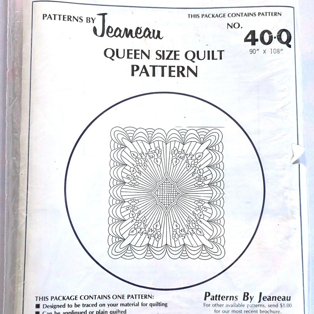 Vtg 1978 Jeaneau 40Q Queen Sz Quilt Pattern 90x108 Floral Scallopd Cottage Uncut